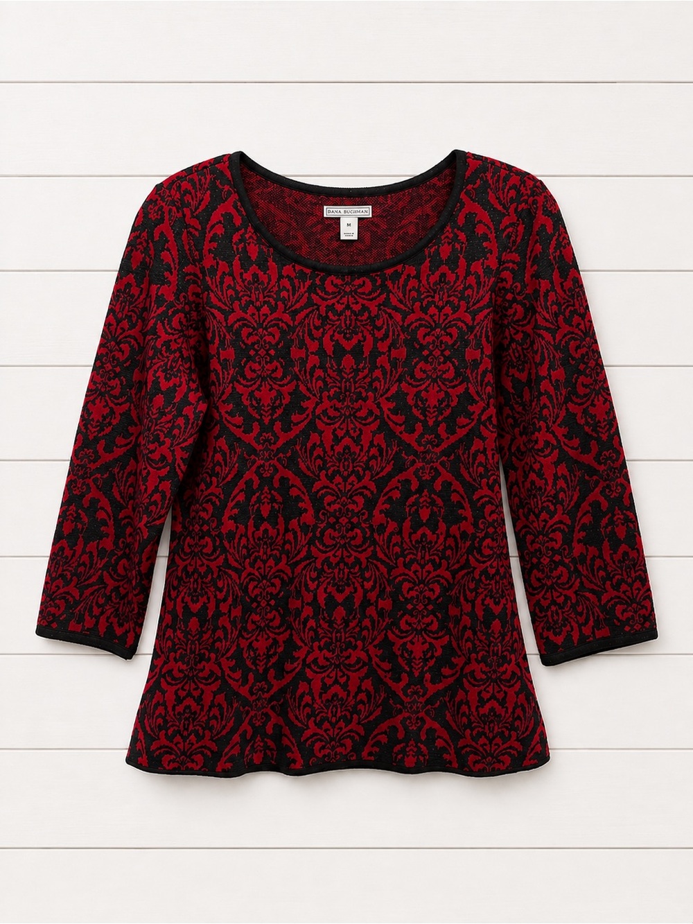 Dana Buchman Red & Black Damask 3/4 Sleeve Knit Sweater